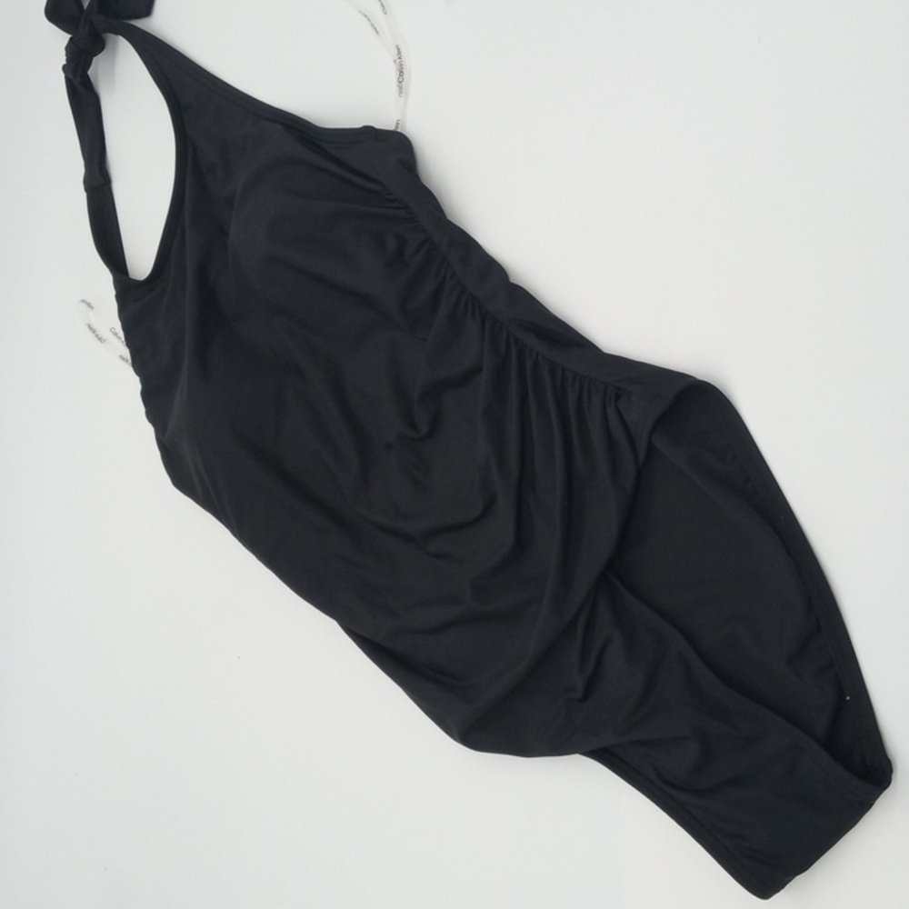 Calvin Klein Shirred High-Neck Halter One-Piece Swimsuit Black 6